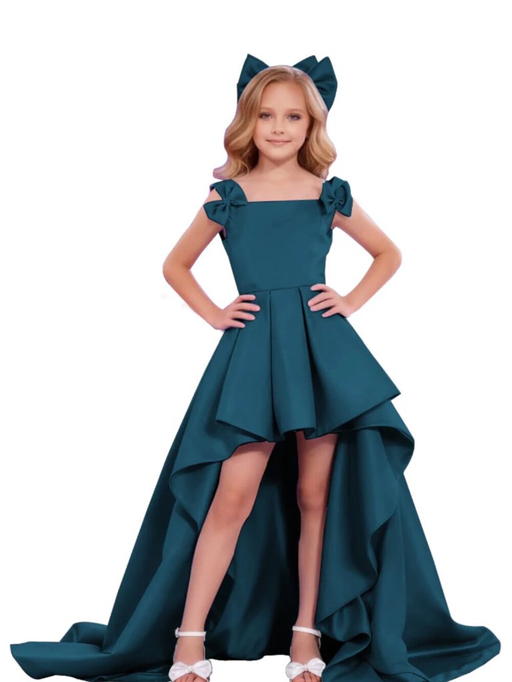 High-Low Bridesmaid Dresses for Girls Pleated Satin A-Line Bow (TEAL)